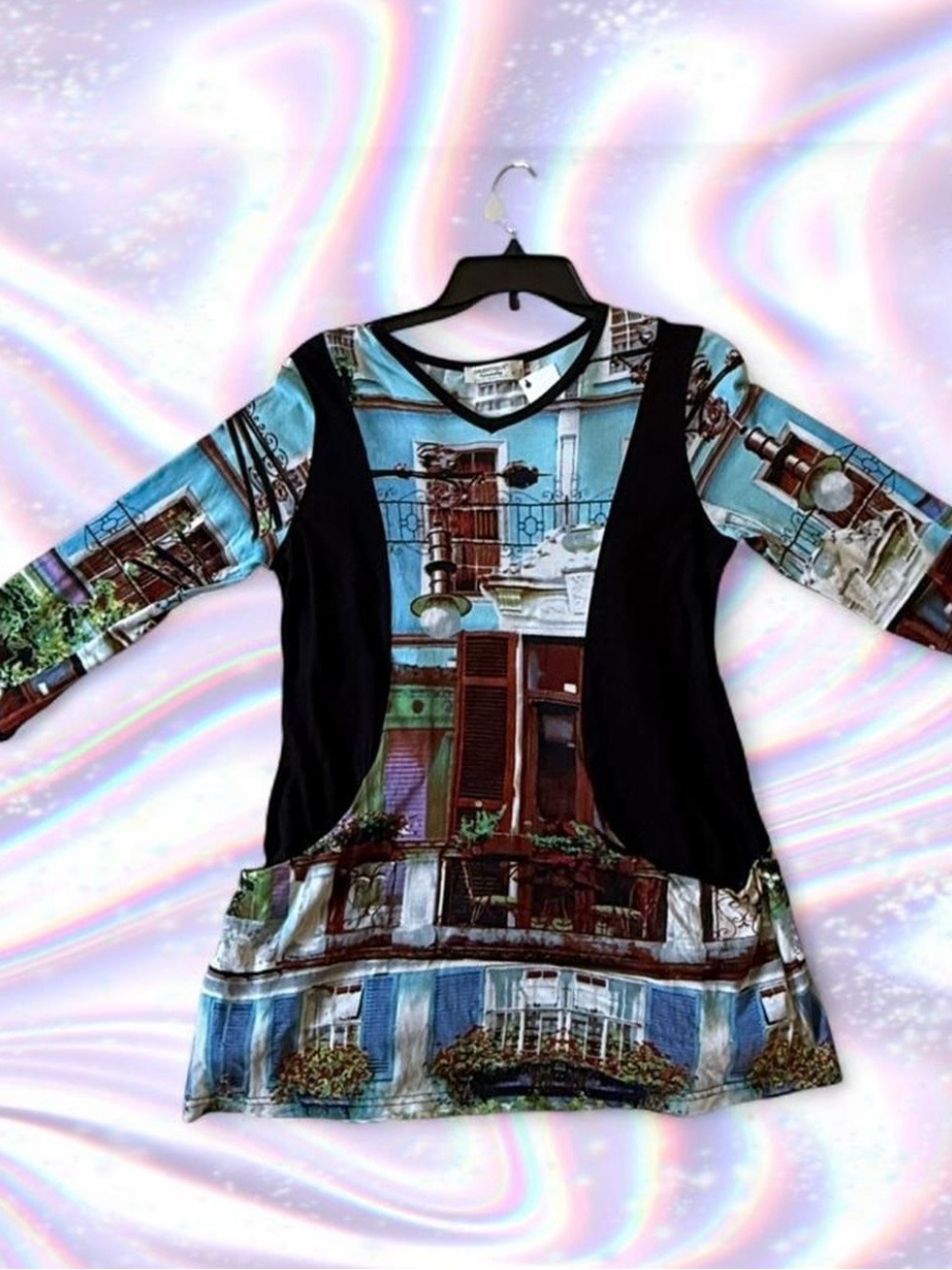 American Vintage Printed Top in Aqua, Black and Brown